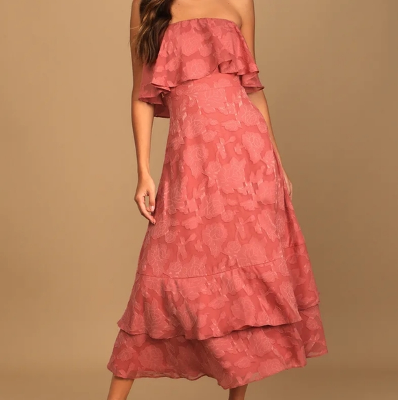 Love You So Truly Rusty Rose Burnout Floral Strapless Midi Dress - Picture 1 of 4